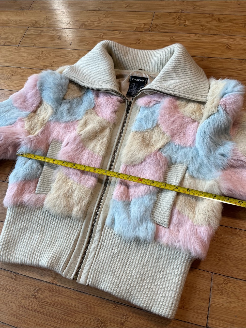 Y2K Vintage bebe Pastel Rabbit Fur Bomber Jacket - Cotton Candy Cream - Picture 9 of 12